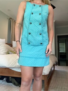 Maeve Turquoise Sleeveless Shift Dress with Double-Breasted Buttons